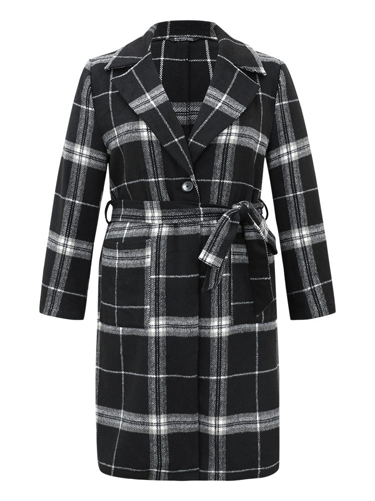 Lapel Collar Plaid Belted Contrast Coat-Sweetccc