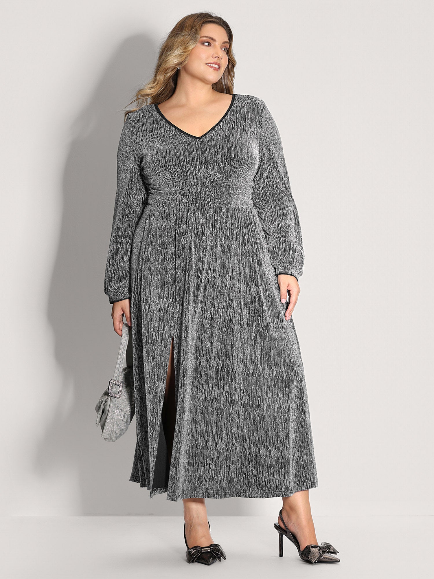 Lurex Side Slit Pleated Waist Maxi Dress-Sweetccc