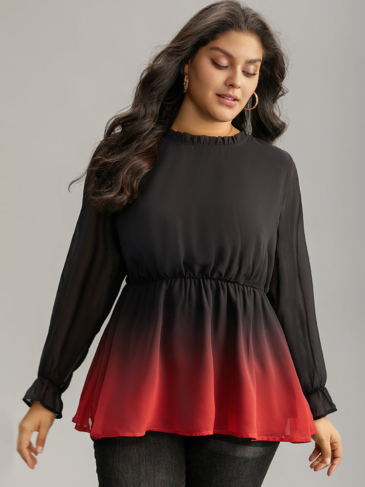 Ombre Contrast Frill Trim Ruffle Hem Blouse-Sweetccc