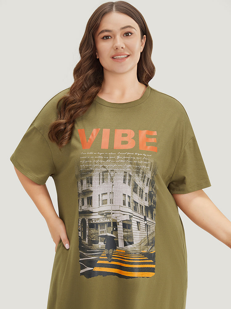 Letter & Graphic Print Pocket Crew Neck Dress-Sweetccc