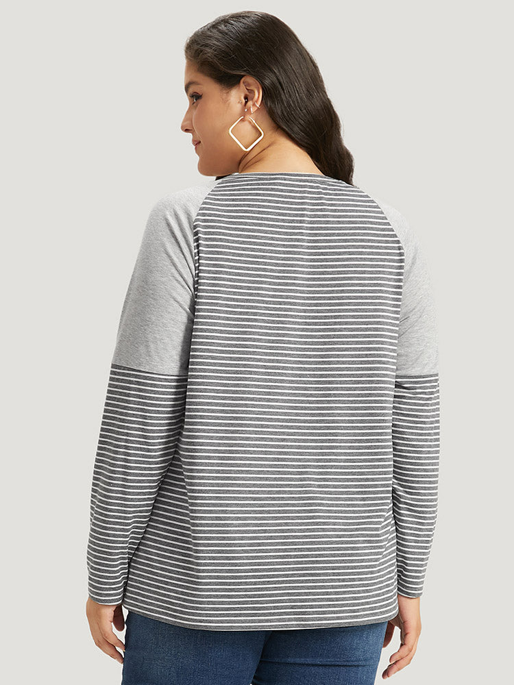 Striped Patchwork Crew Neck Raglan Sleeve T-shirt-Sweetccc