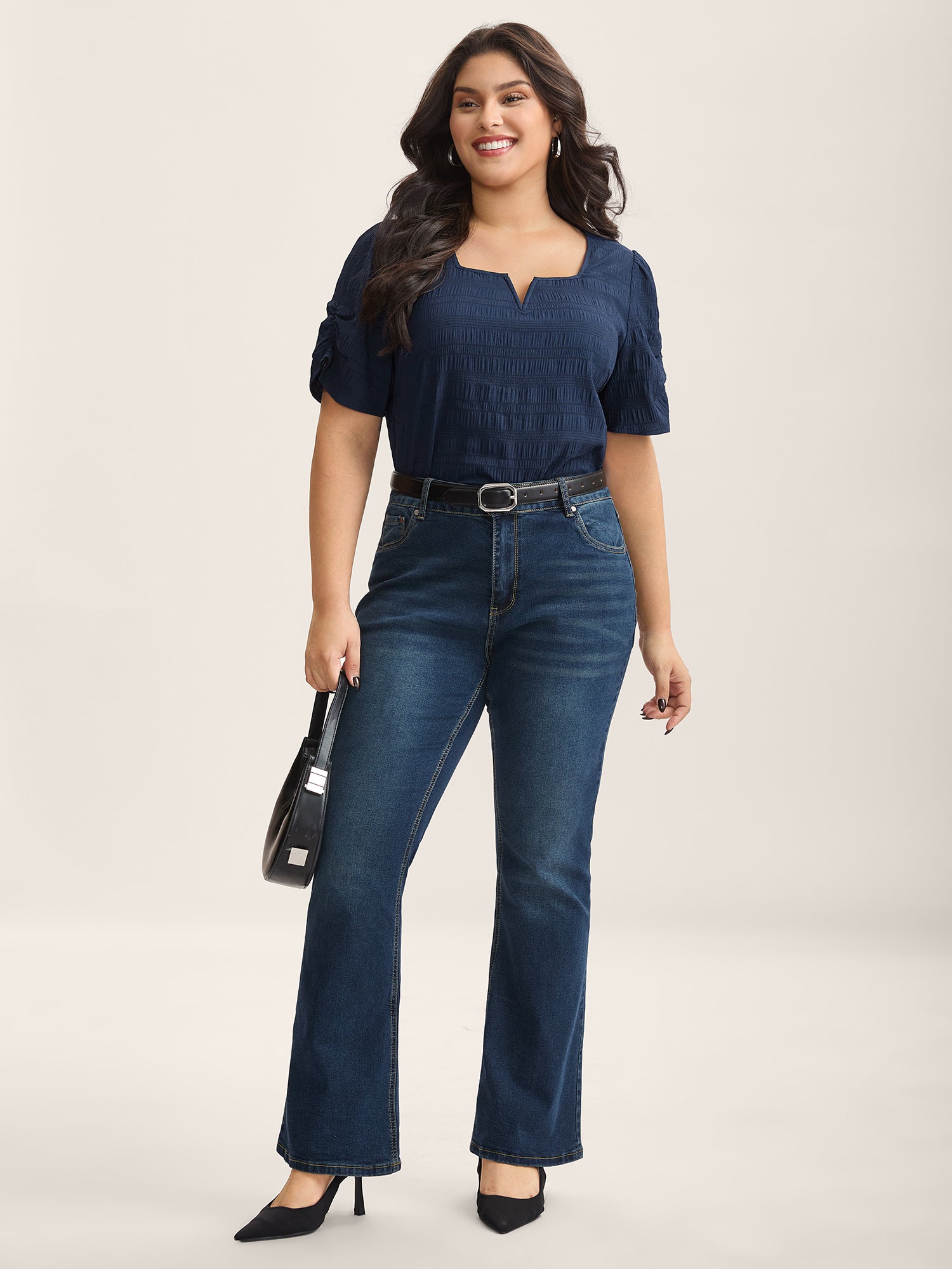 Textured Gathered Sleeve Split Neck Blouse-Sweetccc