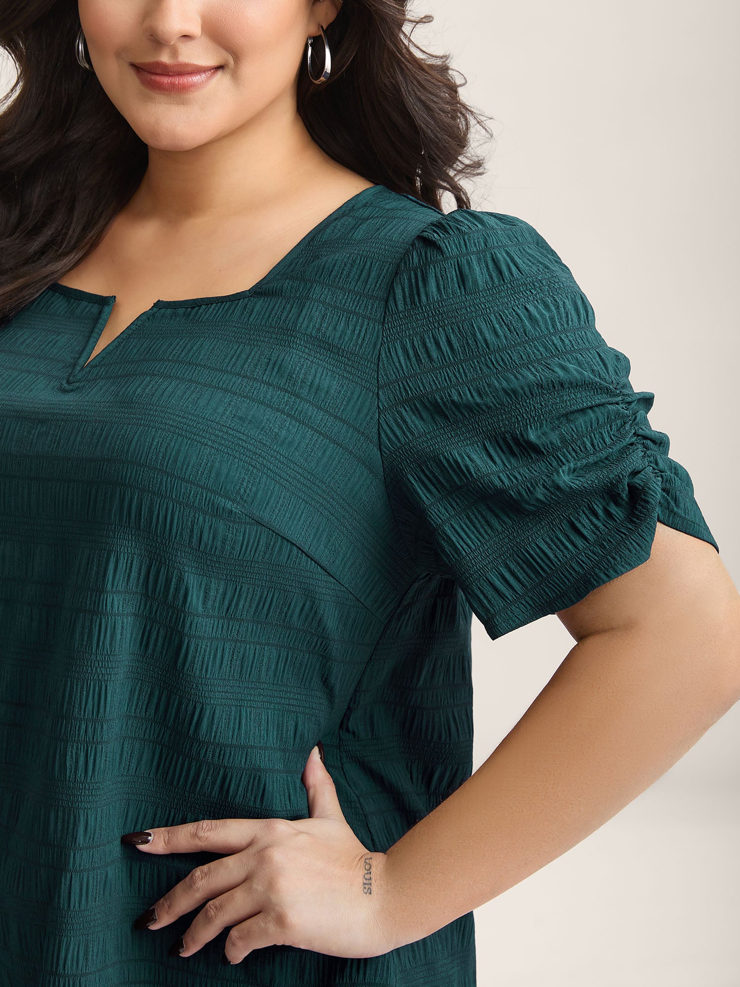 Textured Gathered Sleeve Split Neck Blouse-Sweetccc