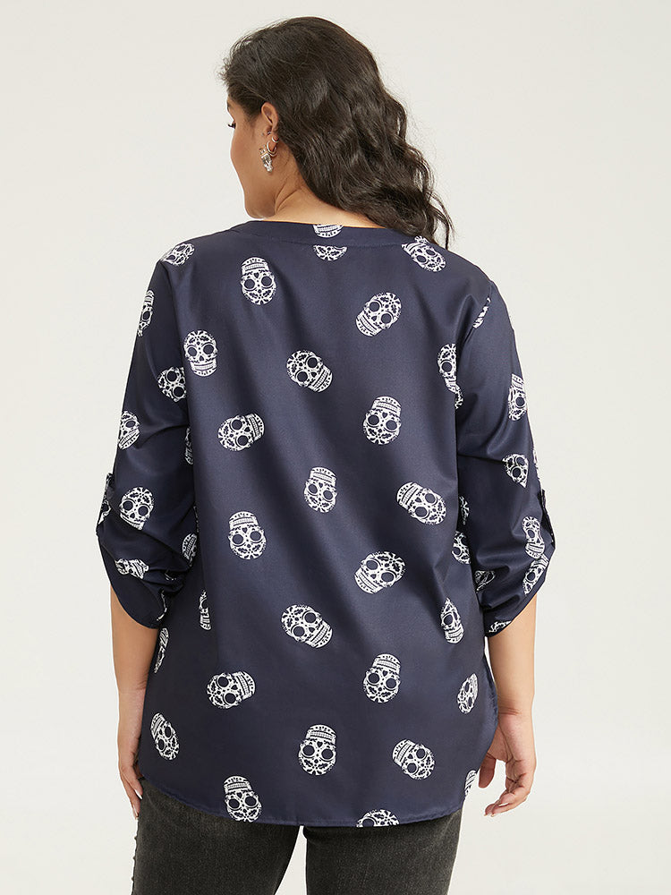 Halloween Skull Print Notched Tab Sleeve Blouse-Sweetccc