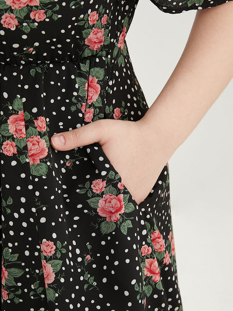 Floral & Polka Dot Ruffle Trim Pocket Cold Shoulder Split Dress-Sweetccc