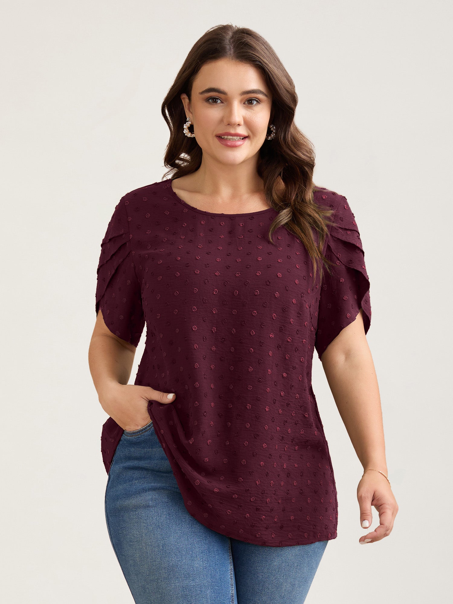 Textured Color Contrast Petal Sleeve Blouse-Sweetccc