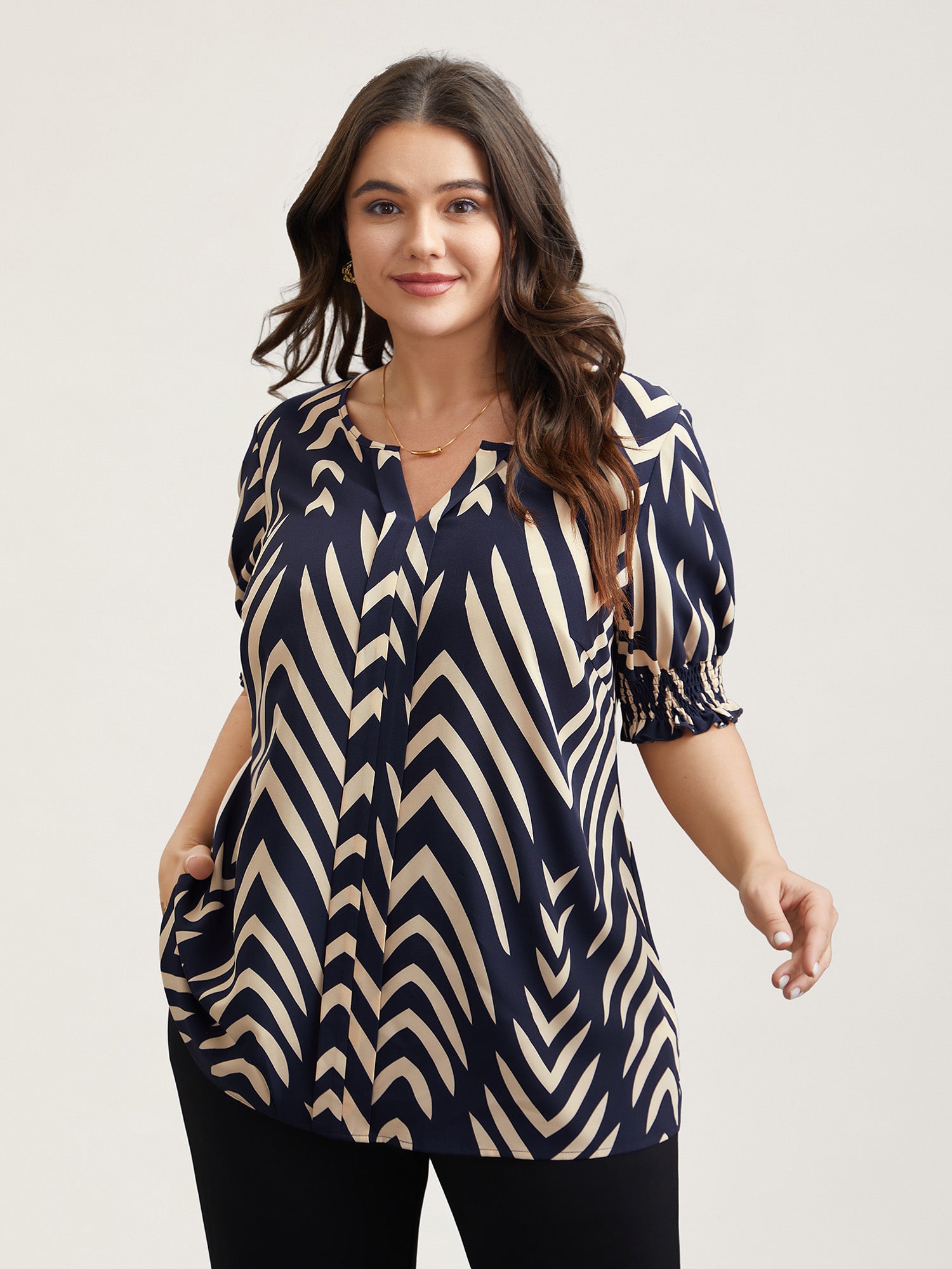 Geometric Print Ruffled Shirred Shirt-Sweetccc