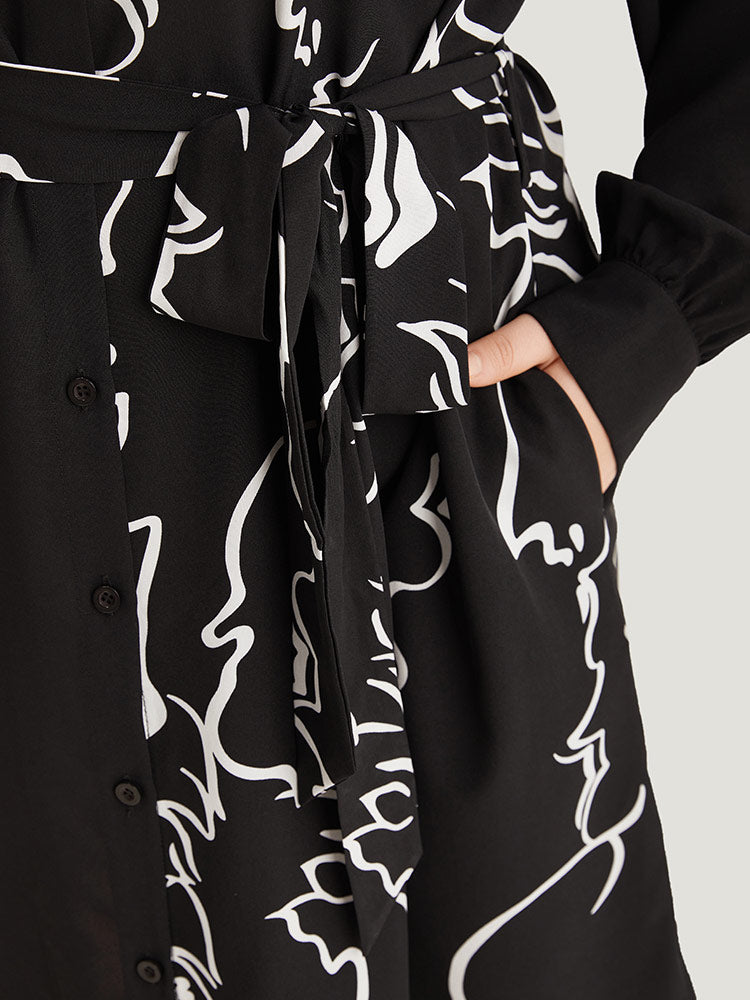 Graphic Shirt Collar Pocket Button Through Belted Dress-Sweetccc