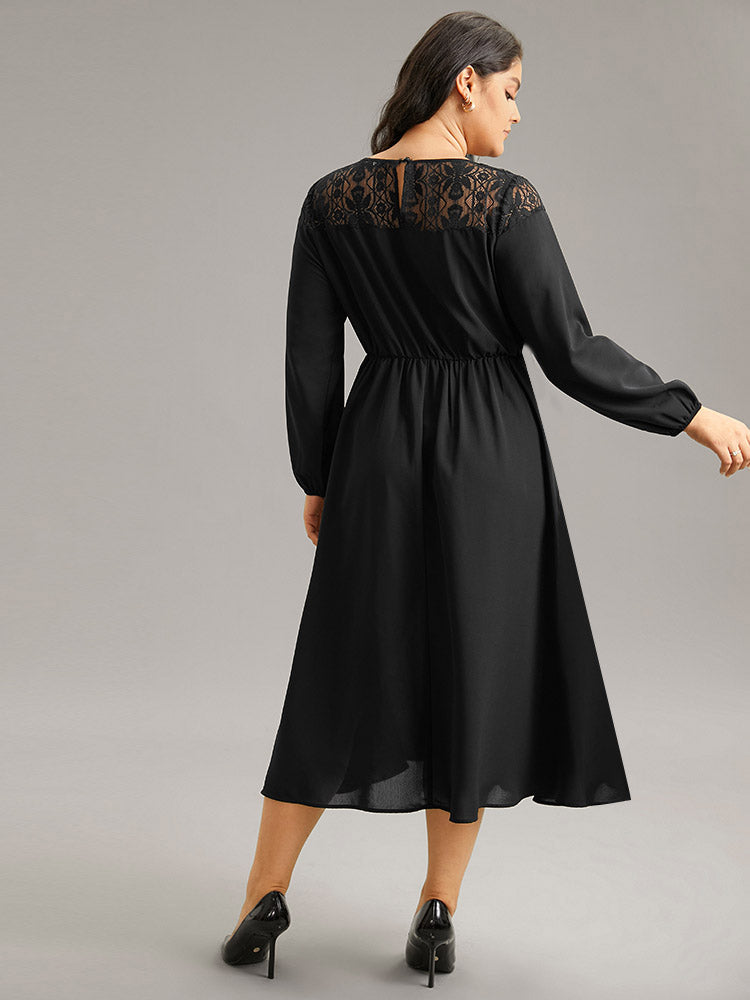 Lace Panel Patchwork Lantern Sleeve Dress-Sweetccc