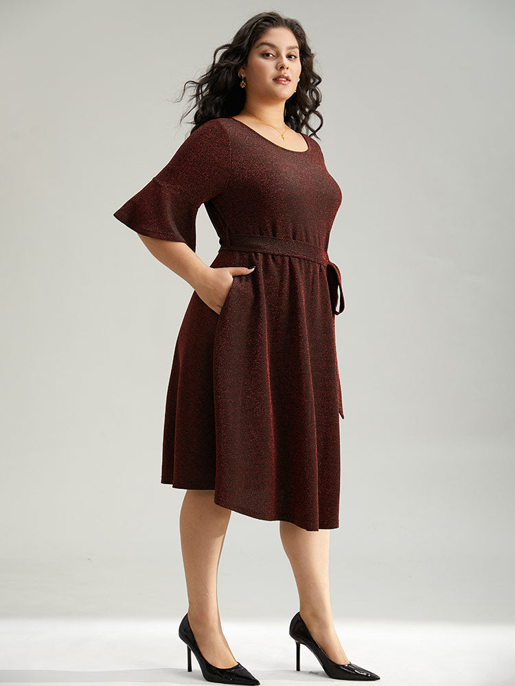 Lurex Belted Flutter Sleeve Dress-Sweetccc