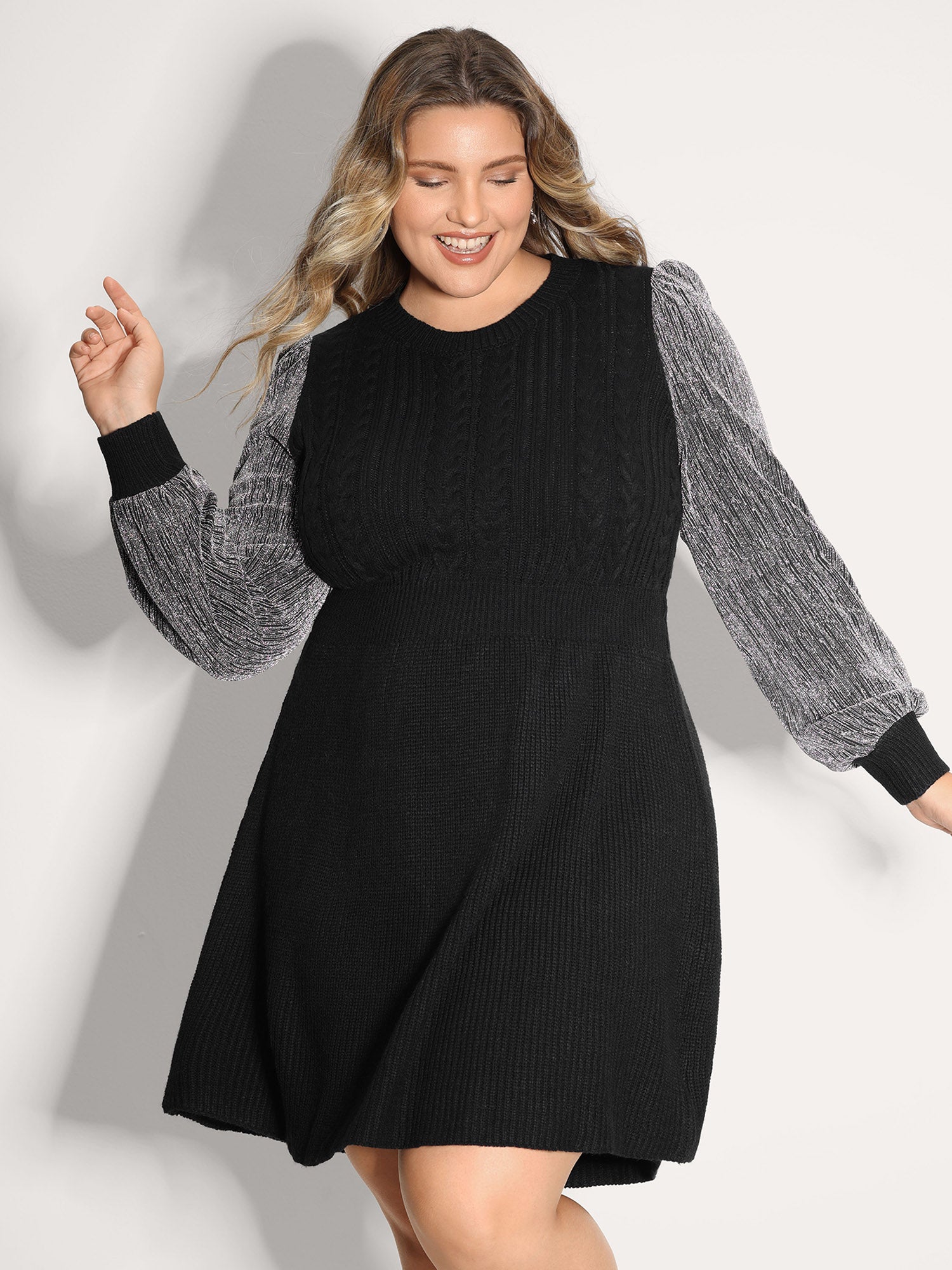 Glitter Textured Contrast Sleeve Midi Sweater Dress-Sweetccc