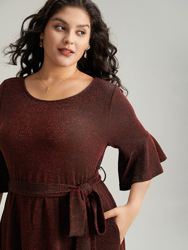 Lurex Belted Flutter Sleeve Dress-Sweetccc