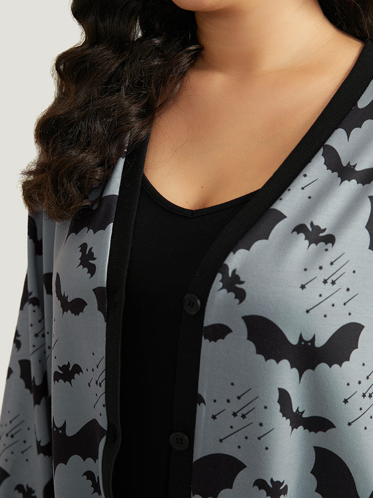 Halloween Bat Print Pocket Button Up Rib Knit Coat-Sweetccc