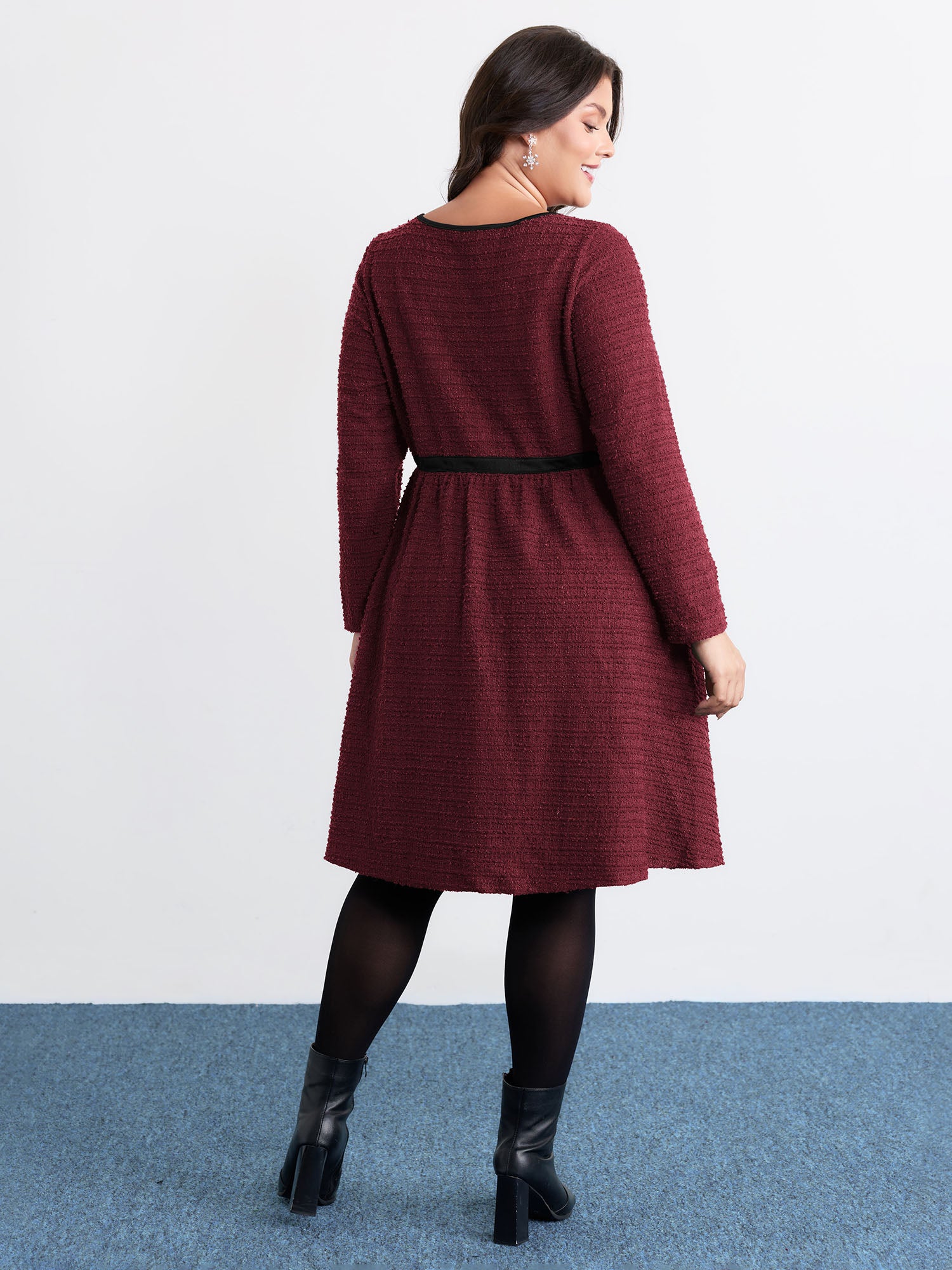 Tweed Stretchy Waist Color Contrast Midi Dress-Sweetccc