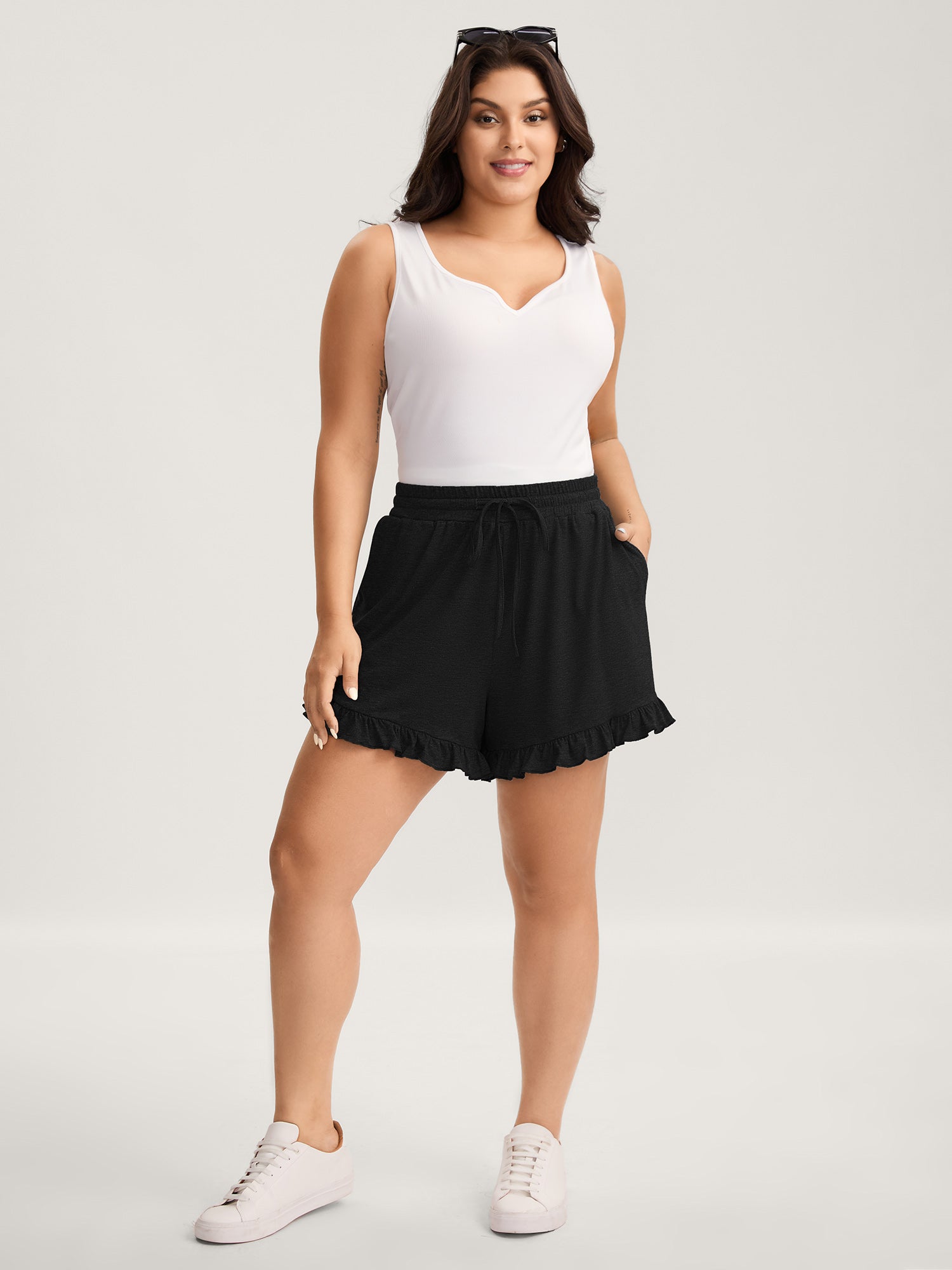 Supersoft Mixed Color Knit Drawstring Ruffled Shorts-Sweetccc