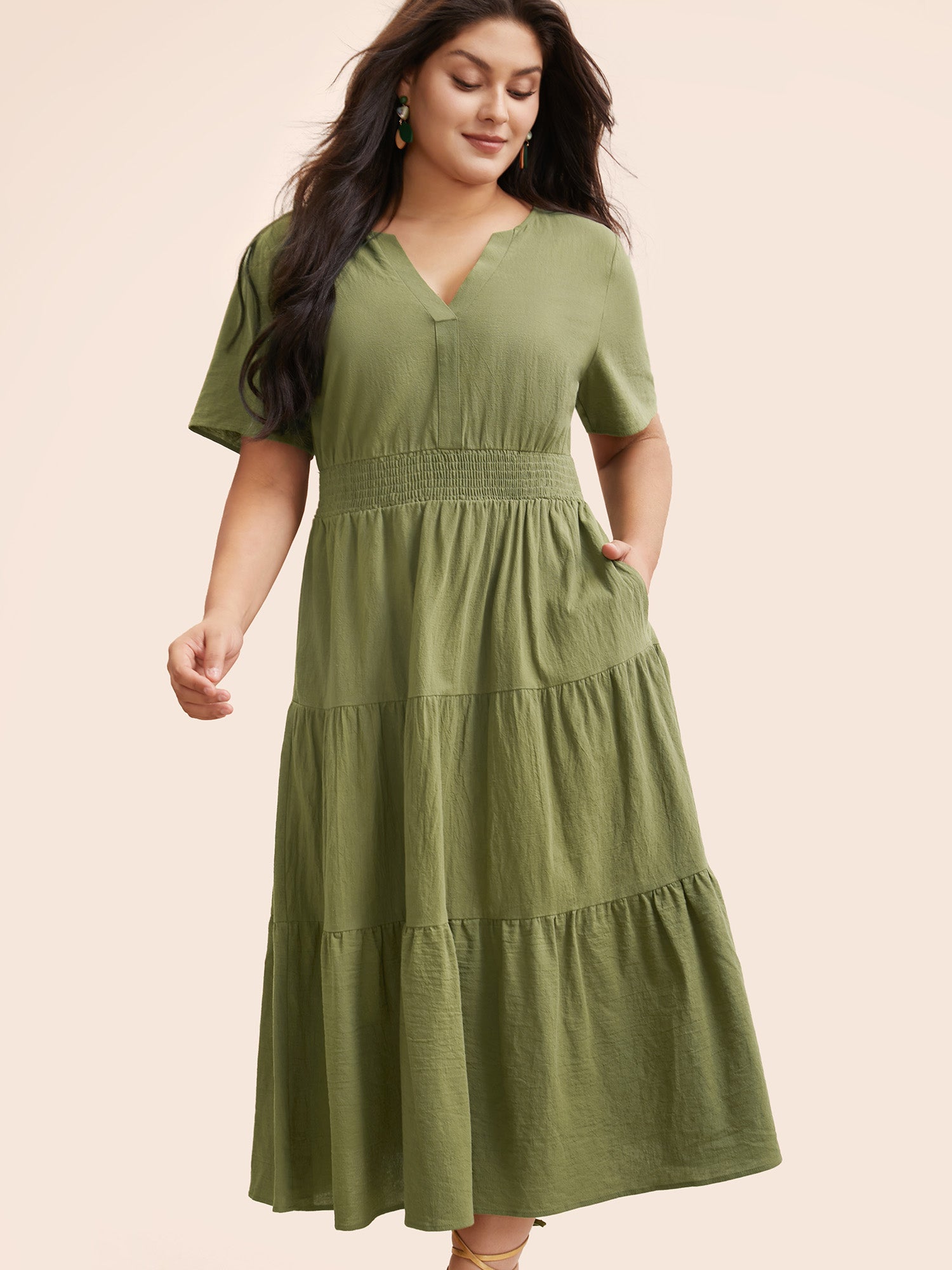 Notched Shirred Ruffle Layered Hem Dress-Sweetccc