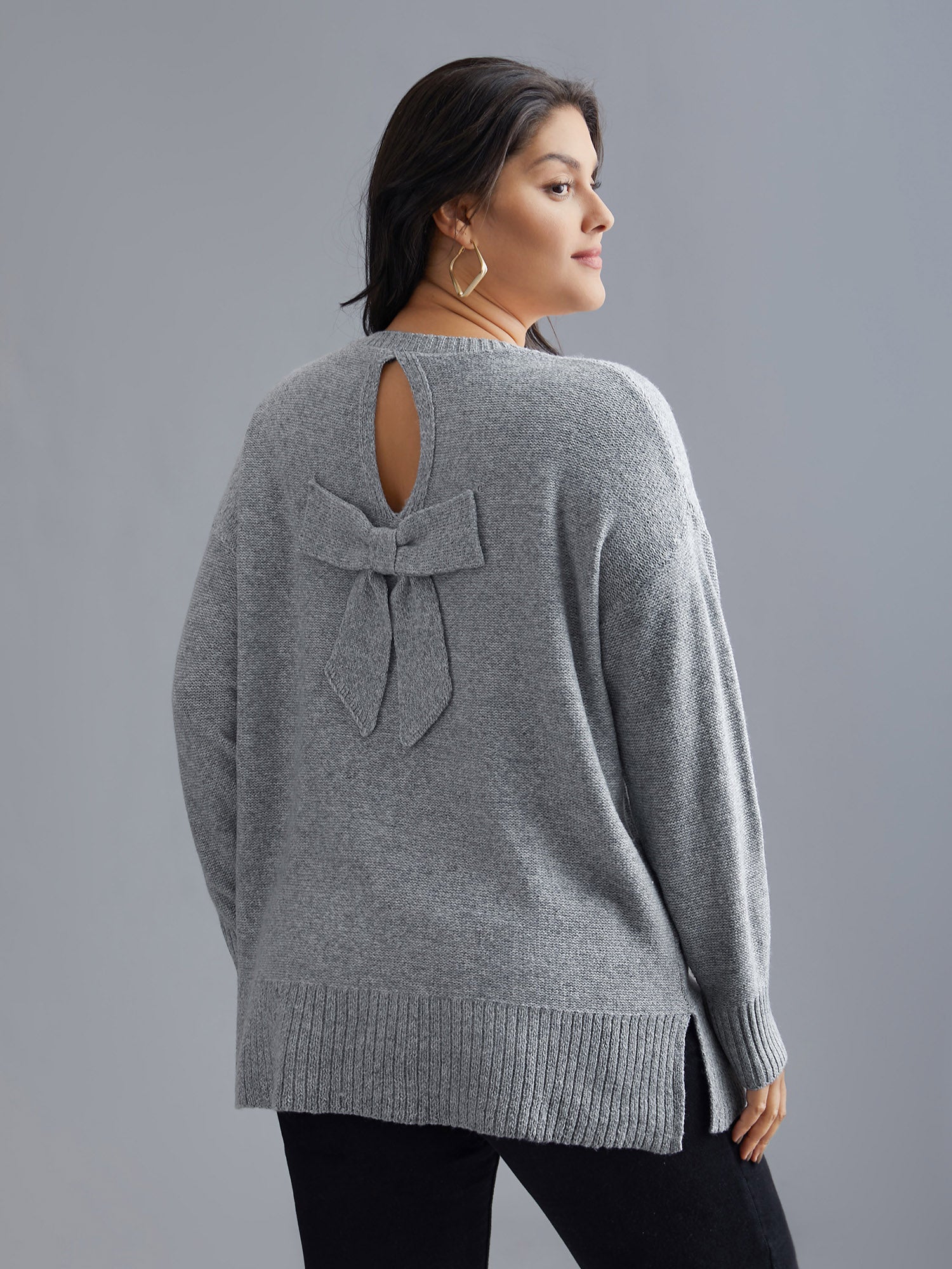 Texture Bowknot Cut Out Slit Hem Pullover-Sweetccc