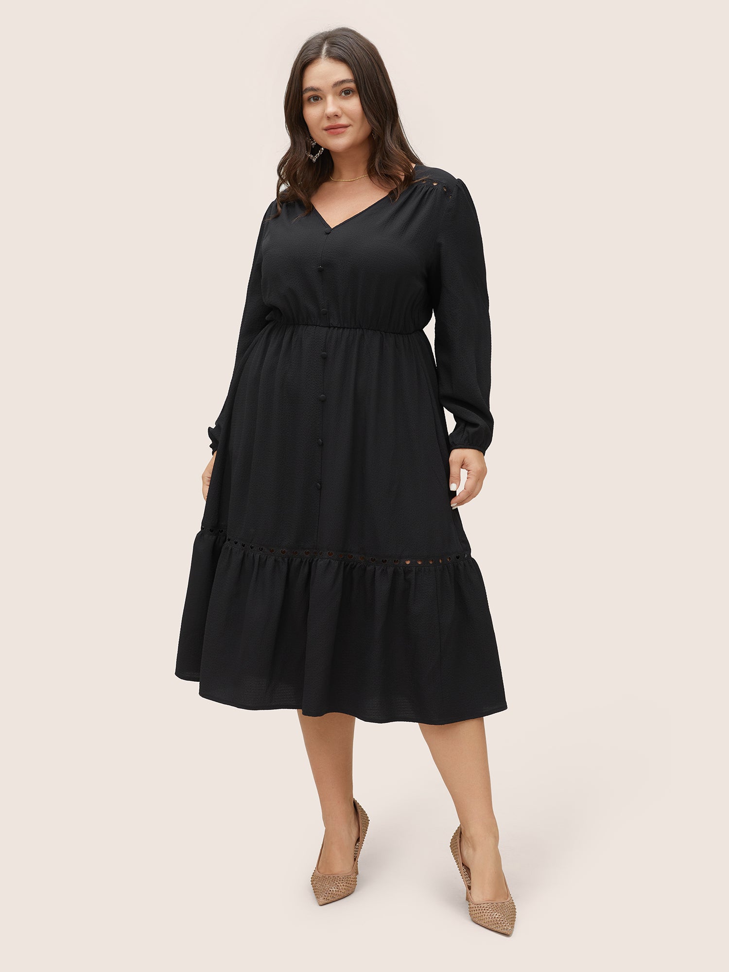 Hollow Out Lantern Sleeve Flutter Layered Hem Dress-Sweetccc