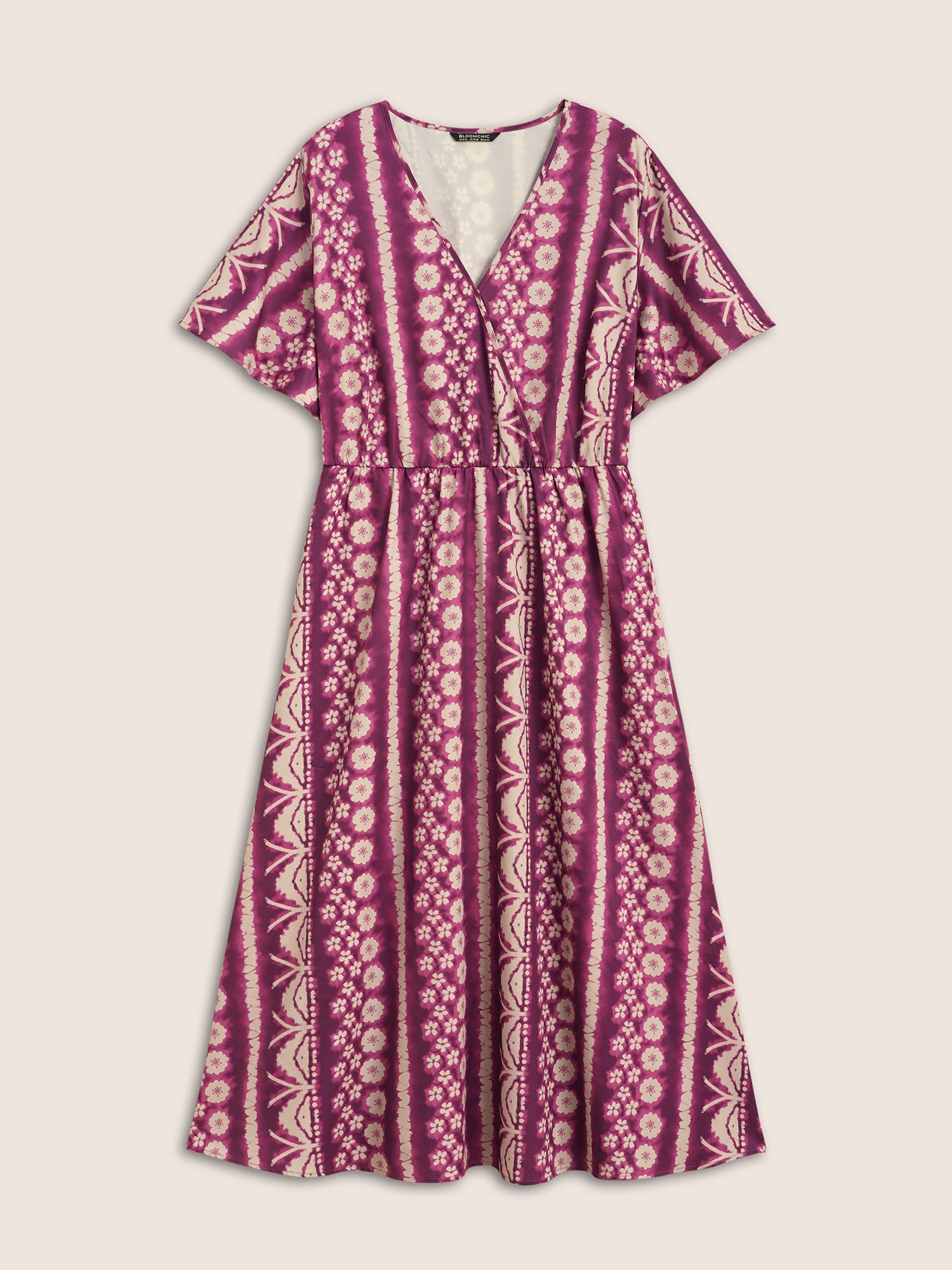 Floral Tie Dye Overlap Collar Ruffle Sleeve Dress-Sweetccc