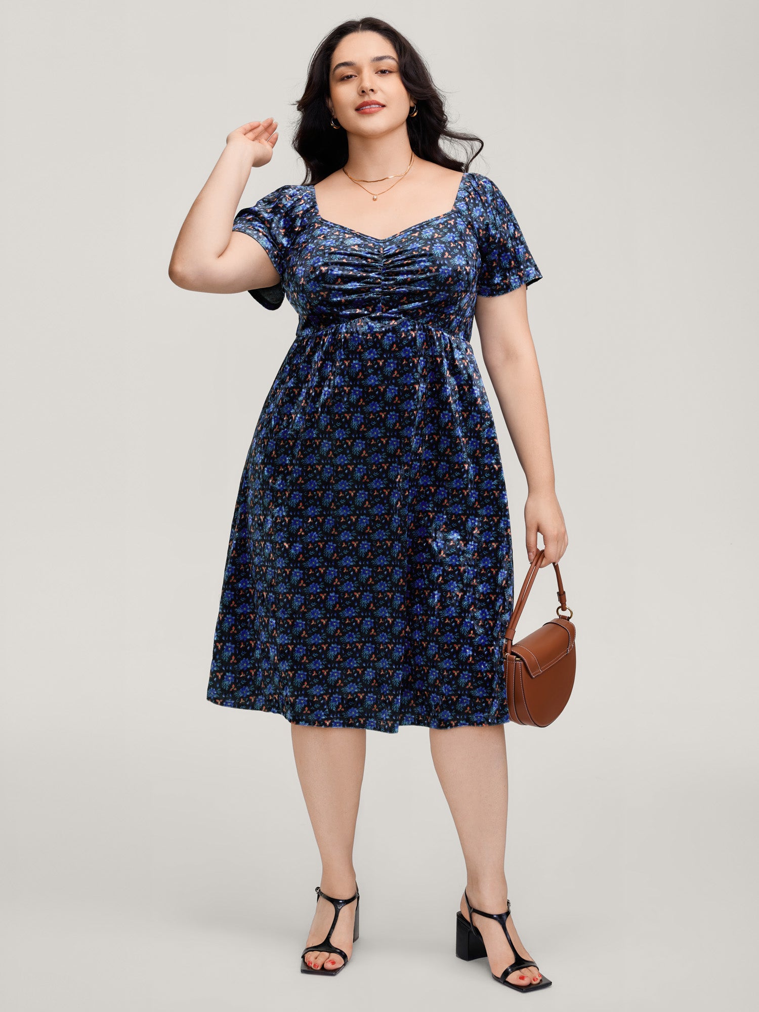 Velvet Floral Gathered Bodice Midi Dress-Sweetccc