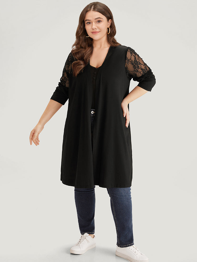 Supersoft Essentials Solid Crochet Lace Mesh Drape Open Front Coat-Sweetccc