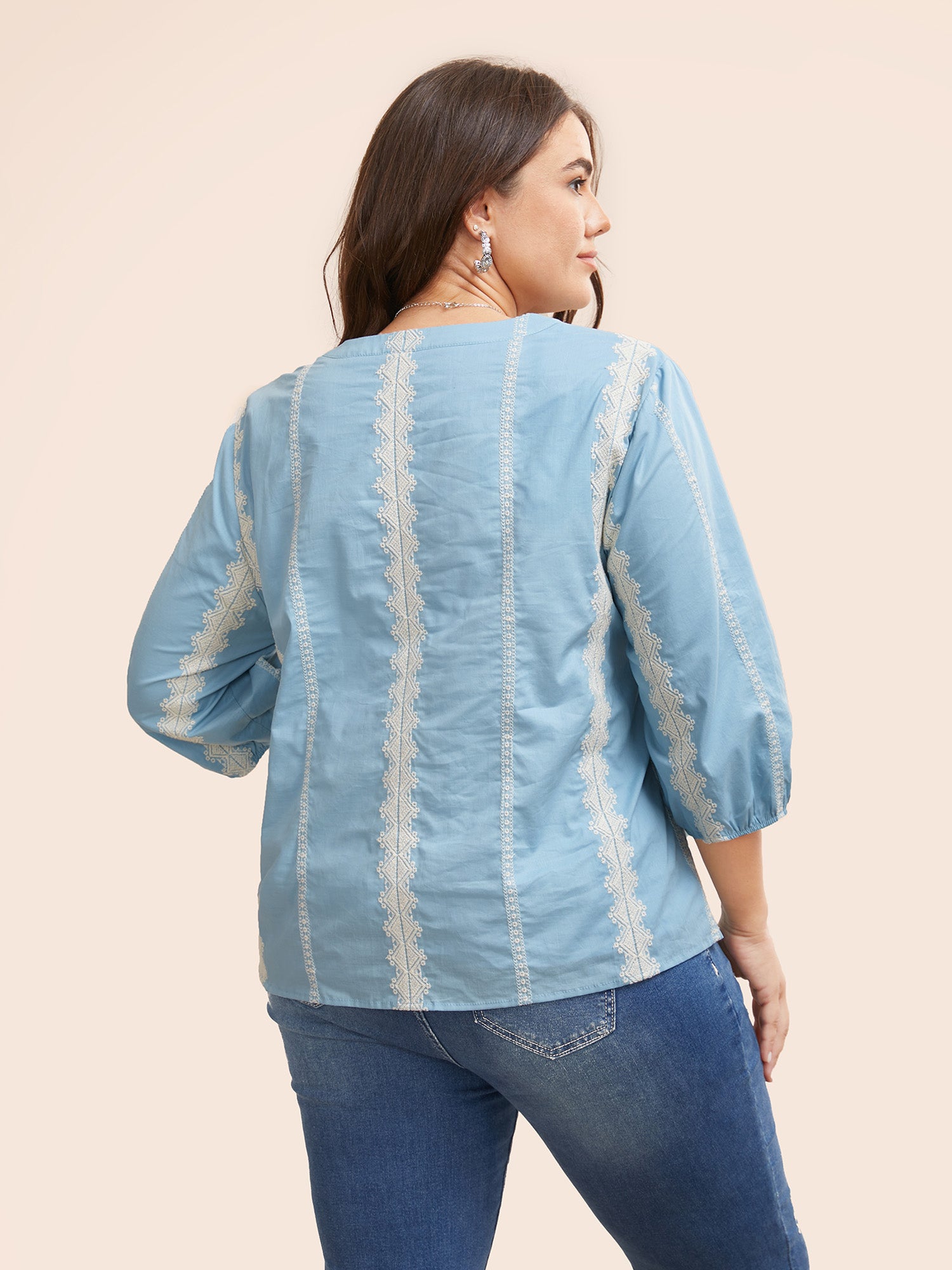 Striped Notched Embroidered Button Detail Blouse-Sweetccc