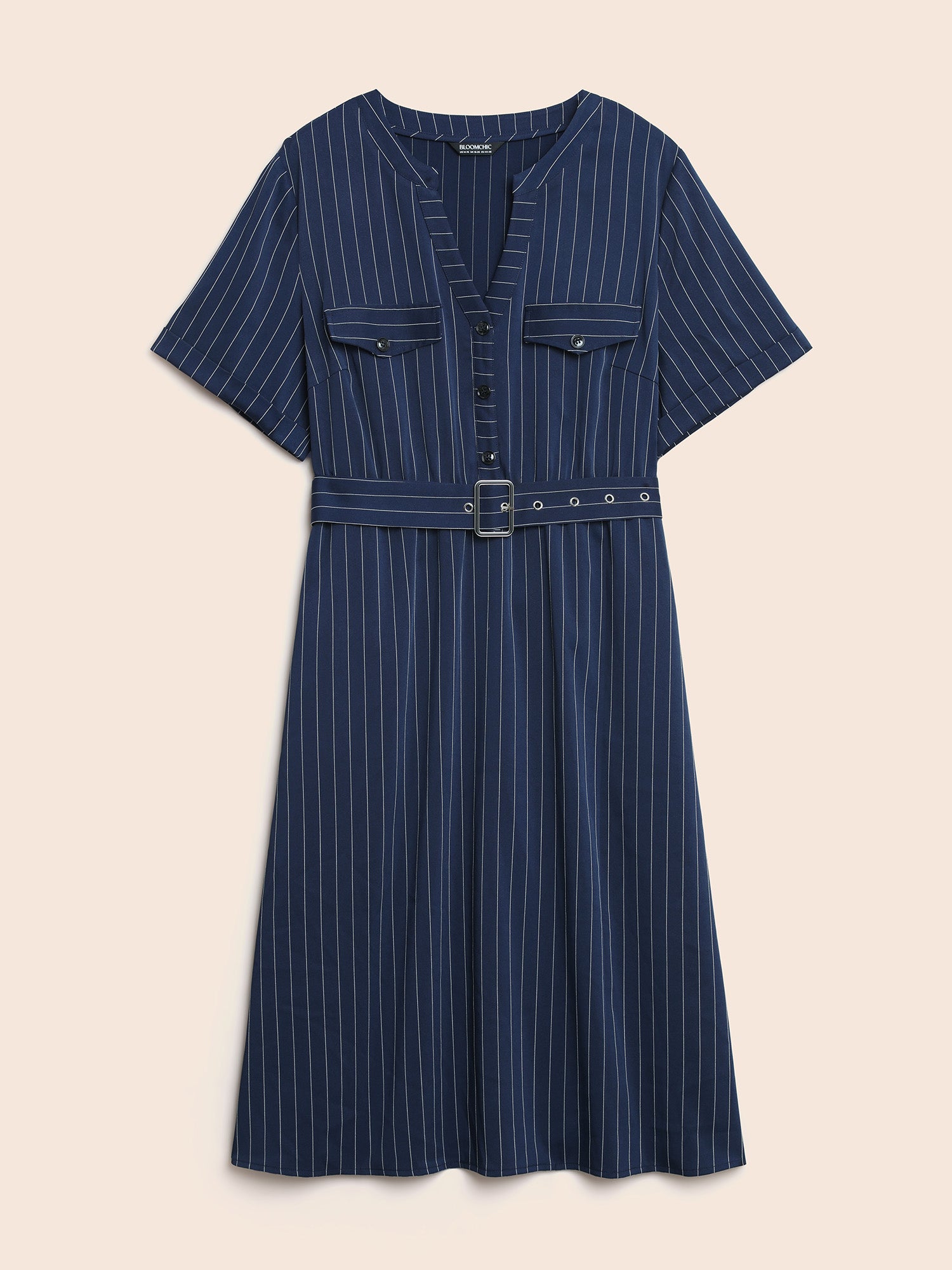 Striped Notched Button Detail Belted Dress-Sweetccc