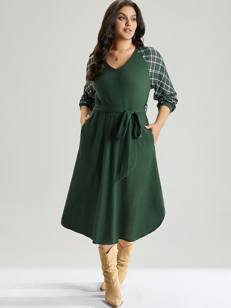 Waffle Knit Plaid Patchwork Belted Dress-Sweetccc
