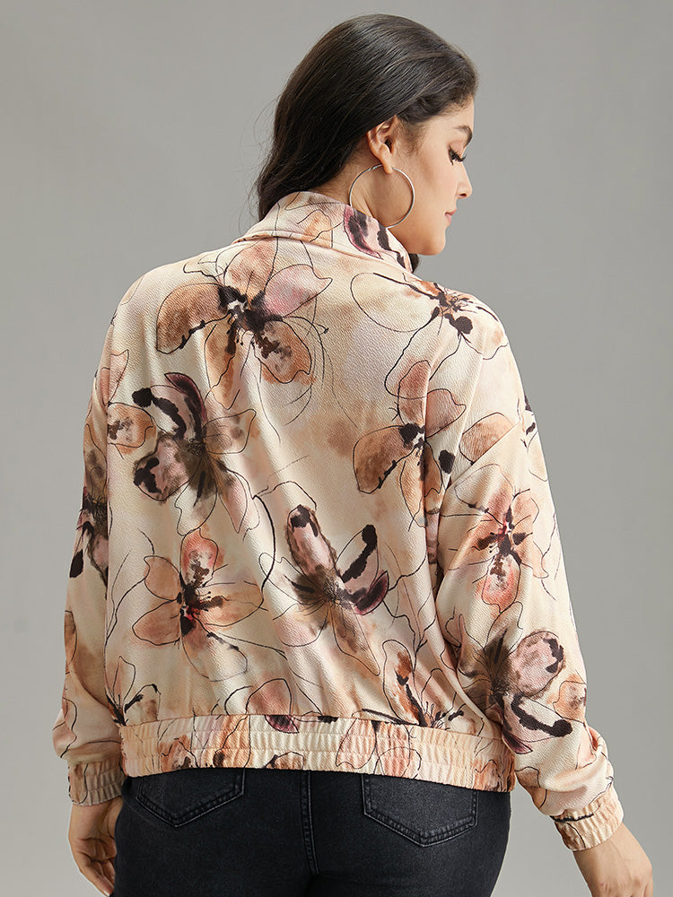 Floral Zipper Gathered Elastic Cuffs Jacket-Sweetccc