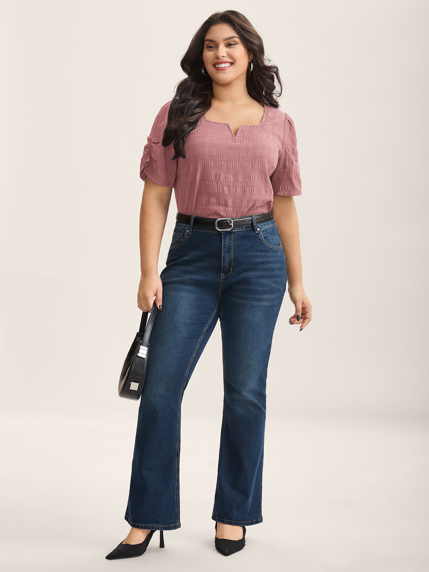 Textured Gathered Sleeve Split Neck Blouse-Sweetccc