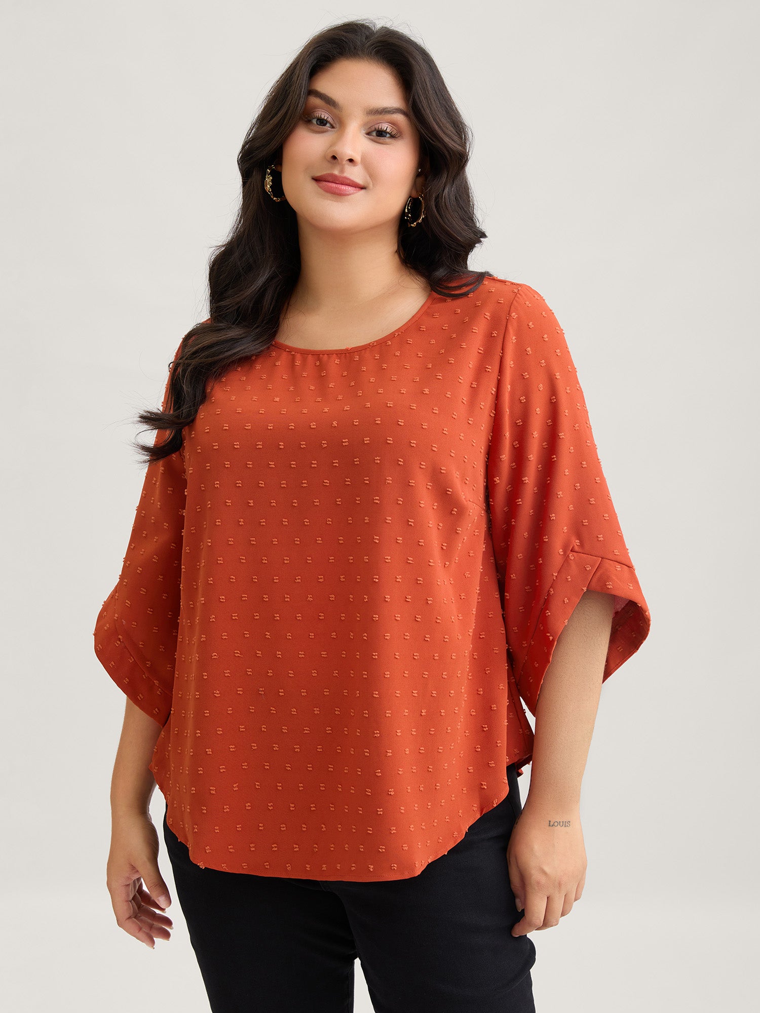 Textured Round Neck Bell Sleeve Blouse-Sweetccc