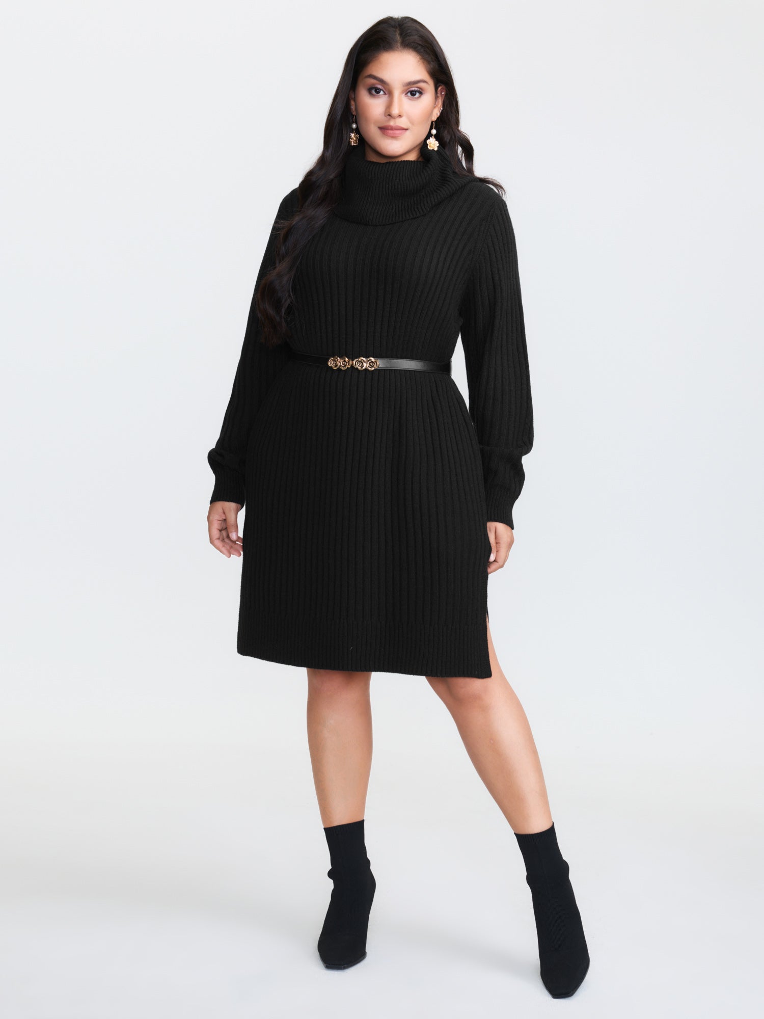 High Turtleneck Textured Sweater Dress-Sweetccc