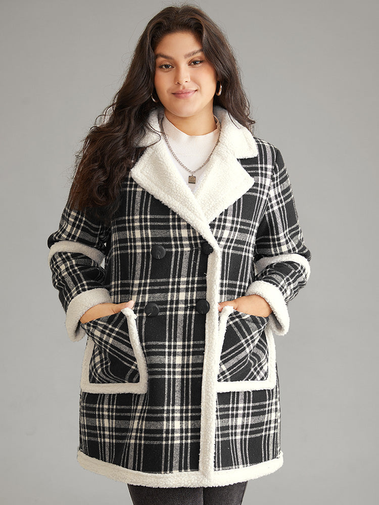 Lapel Collar Plaid Pocket Fuzzy Trim Coat-Sweetccc