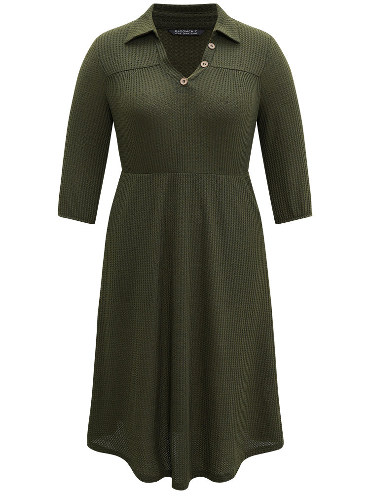 Waffle Knit Button Detail Lapel Collar Dress-Sweetccc