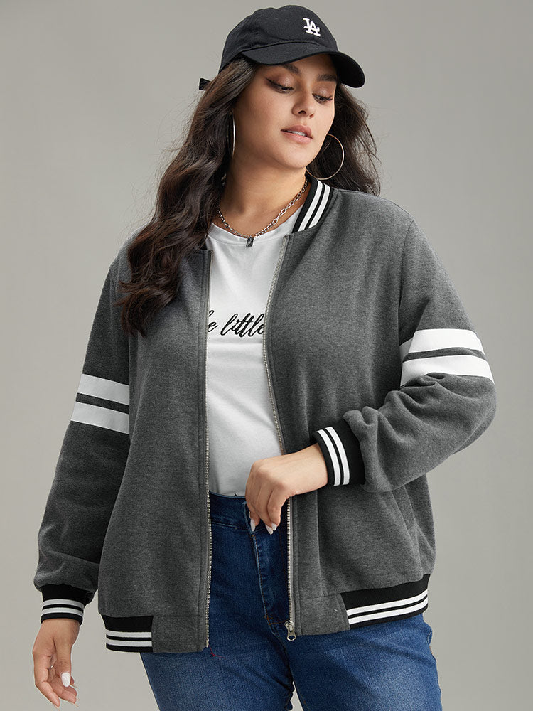 Striped Patchwork Contrast Pocket Zipper Bomber Jacket-Sweetccc