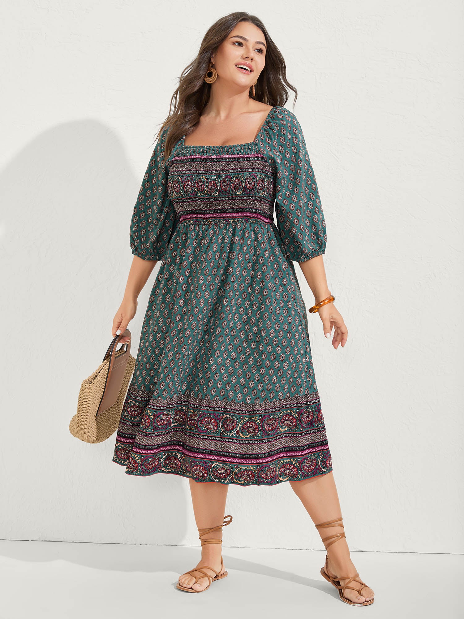 Paisley Print Shirred Bodice Midi Dress-Sweetccc