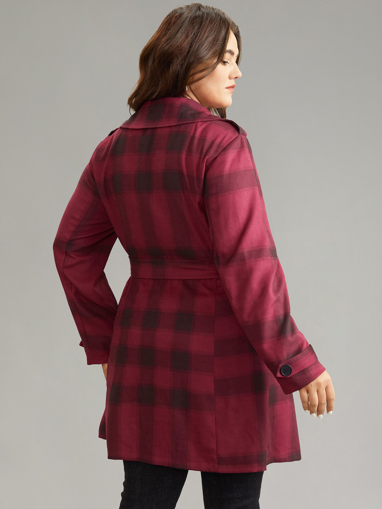 Lapel Collar Plaid Belted Double Breasted Coat-Sweetccc