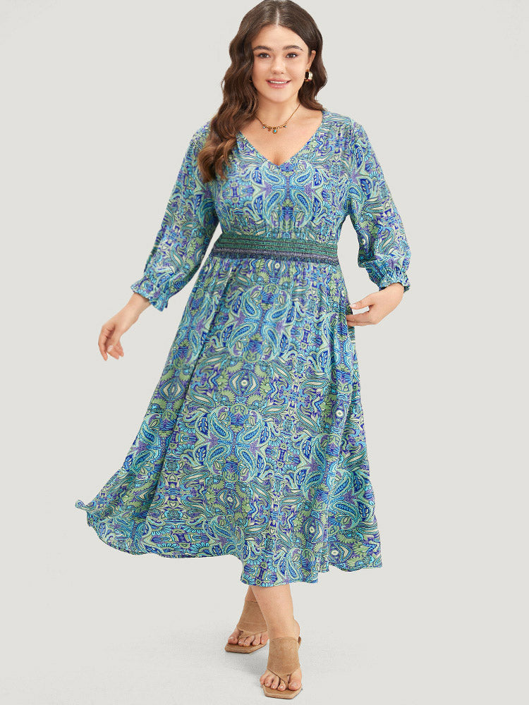 Paisley Print Shirred Flutter Trim Dress-Sweetccc