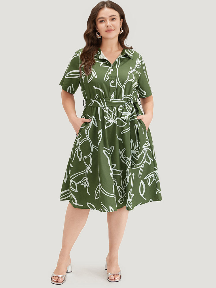Graphic Print Belted Shirt Collar Button Up Dress-Sweetccc