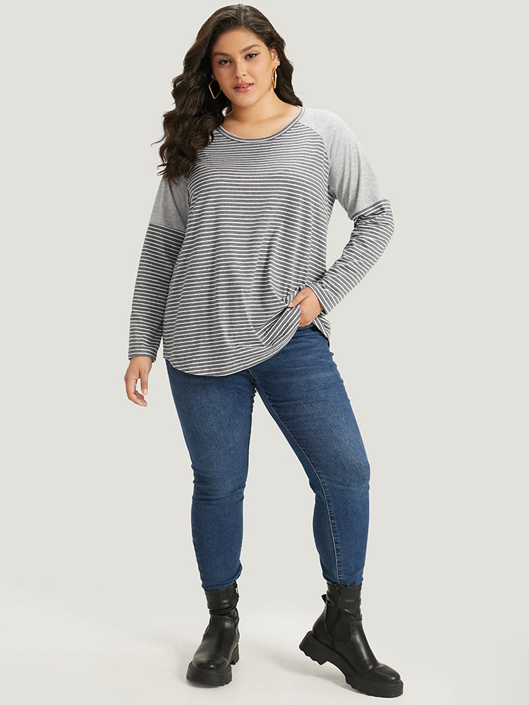 Striped Patchwork Crew Neck Raglan Sleeve T-shirt-Sweetccc