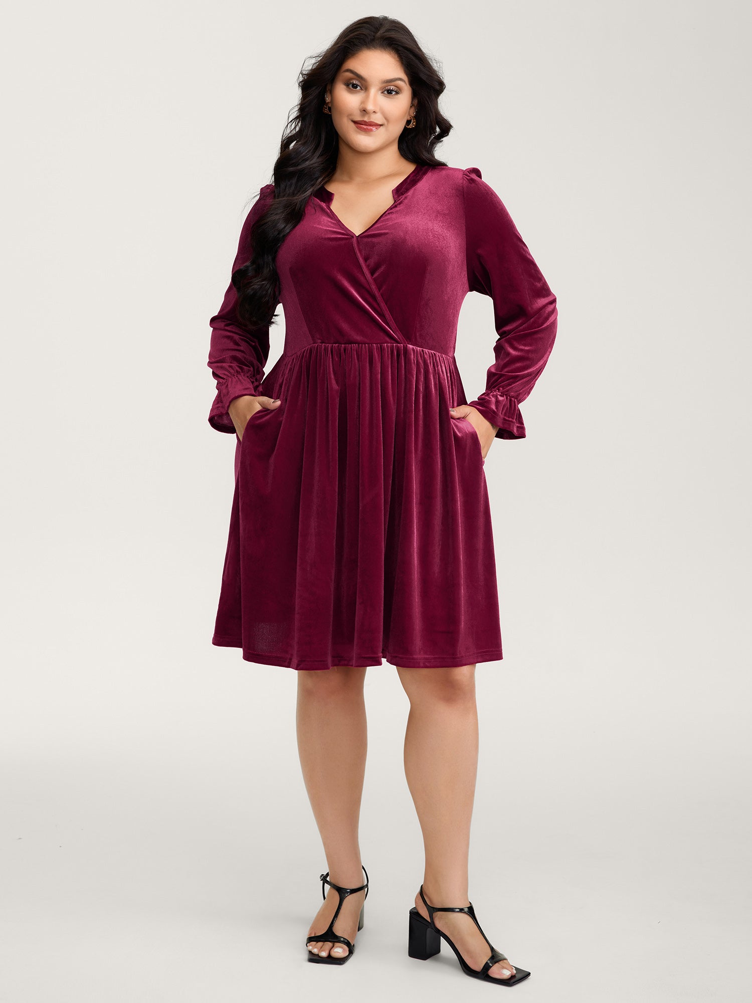 Velvet Pockets Wrap Neck Midi Dress-Sweetccc