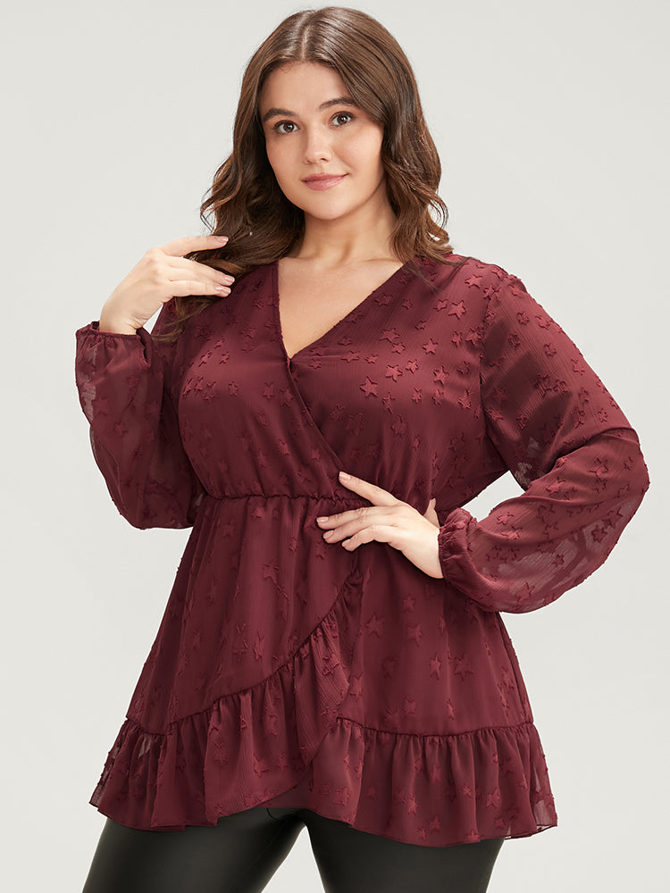 Star Mesh Lantern Sleeve Surplice Neck Ruffle Hem Blouse-Sweetccc