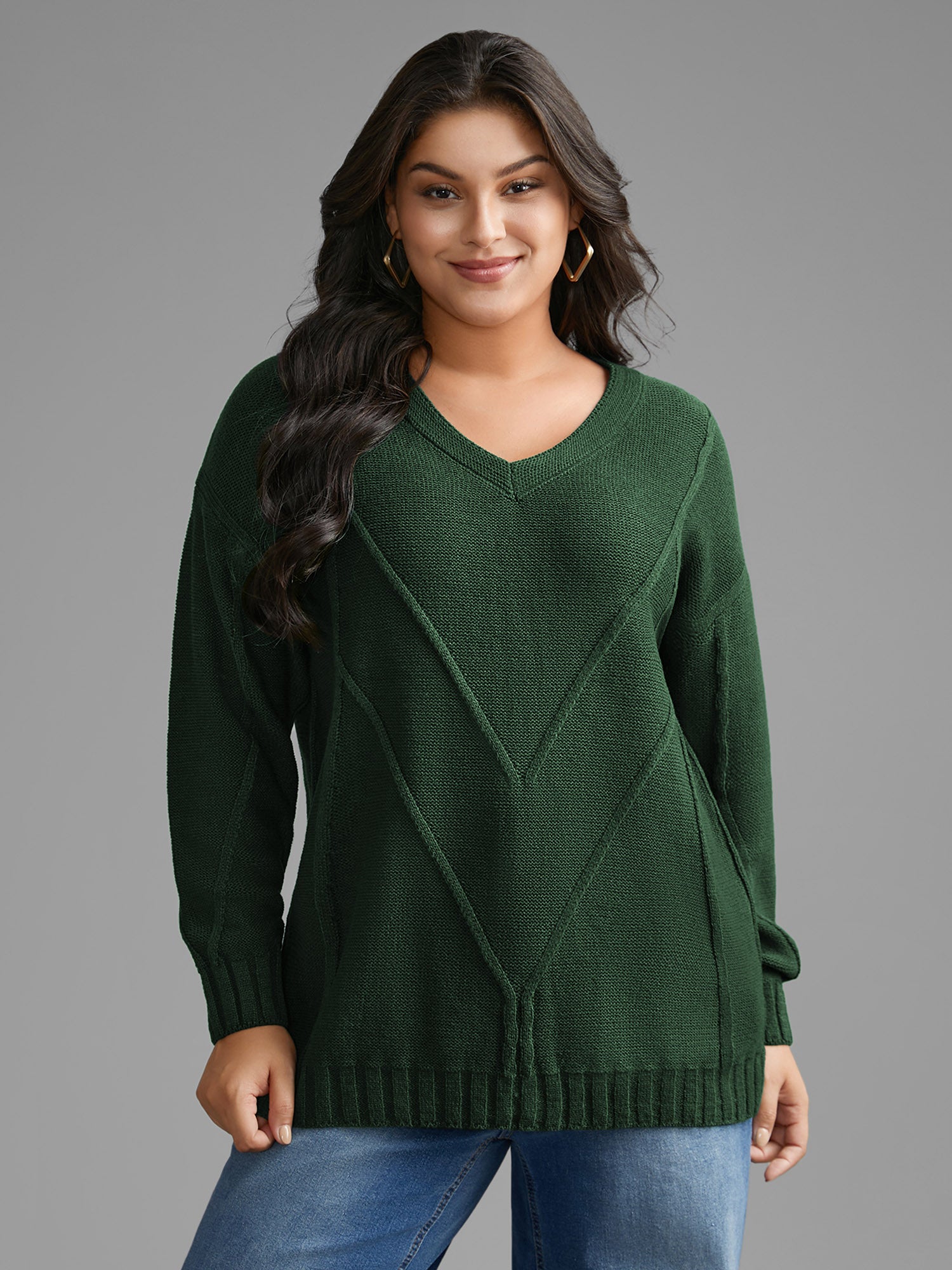 V Neck Cable Knit Texture Pullover-Sweetccc
