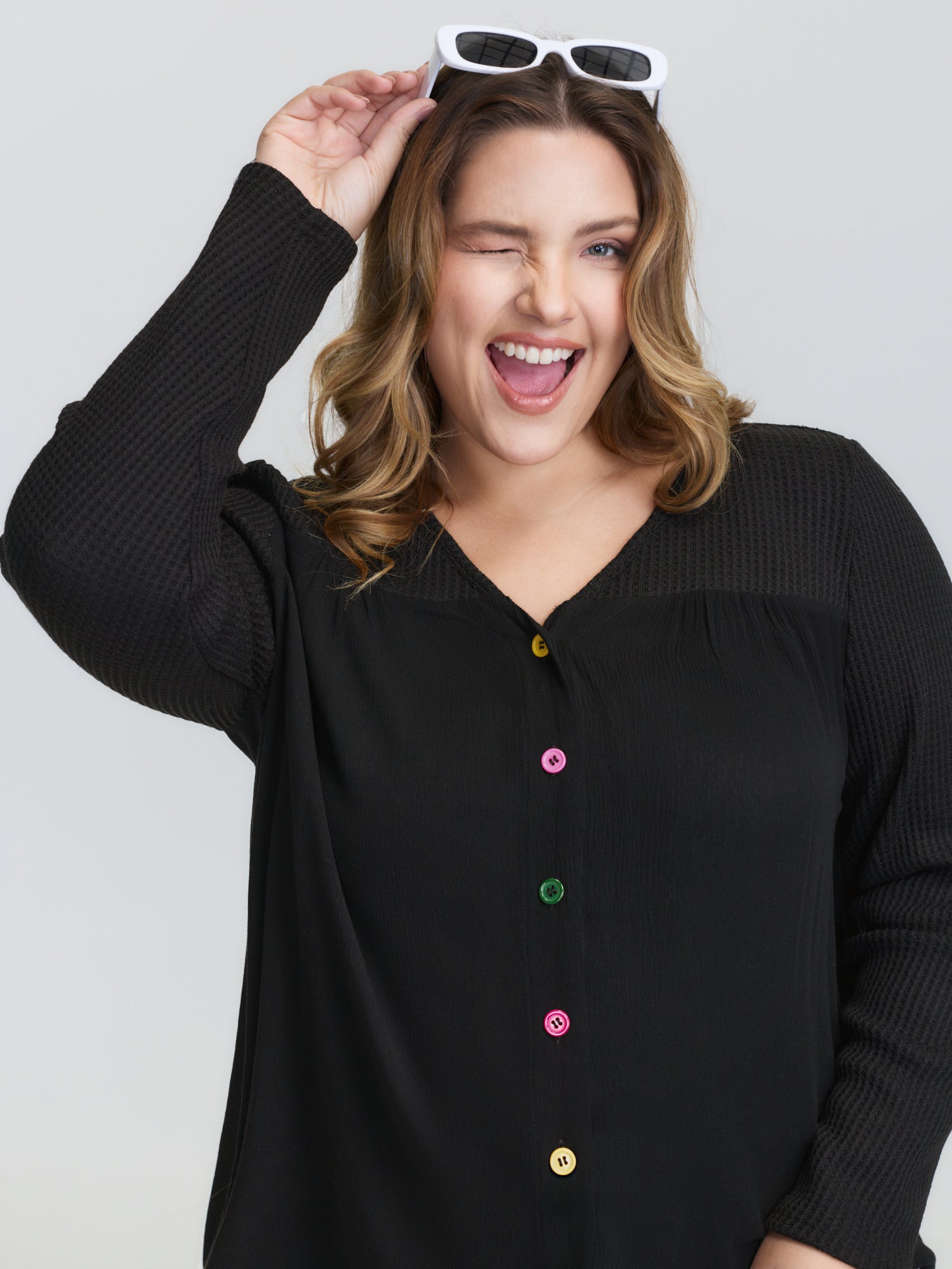 Stretchy Textured Colorful Button Blouse-Sweetccc