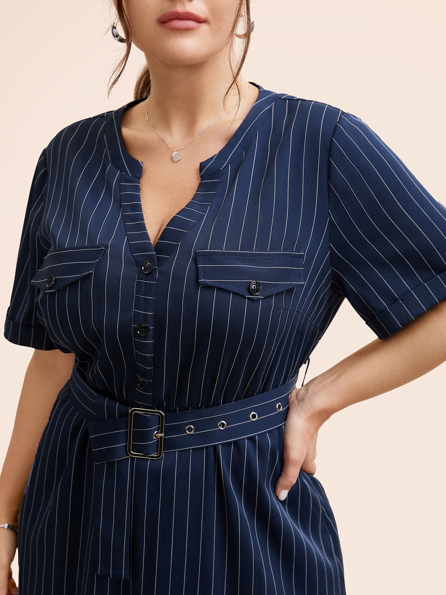 Striped Notched Button Detail Belted Dress-Sweetccc