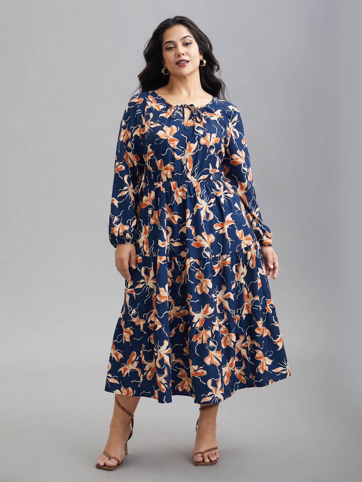 Tropical Flower Print Pockets Waist-Tie Midi Dress-Sweetccc