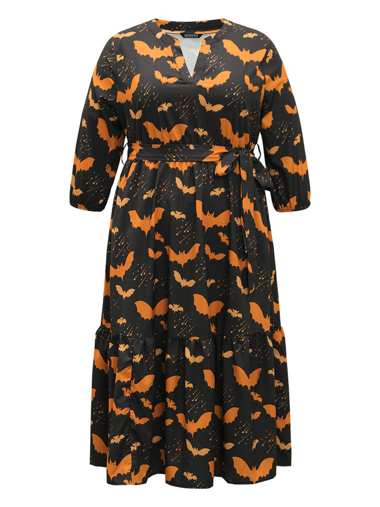 Halloween Bat Print Notched Belted Pocket Dress-Sweetccc