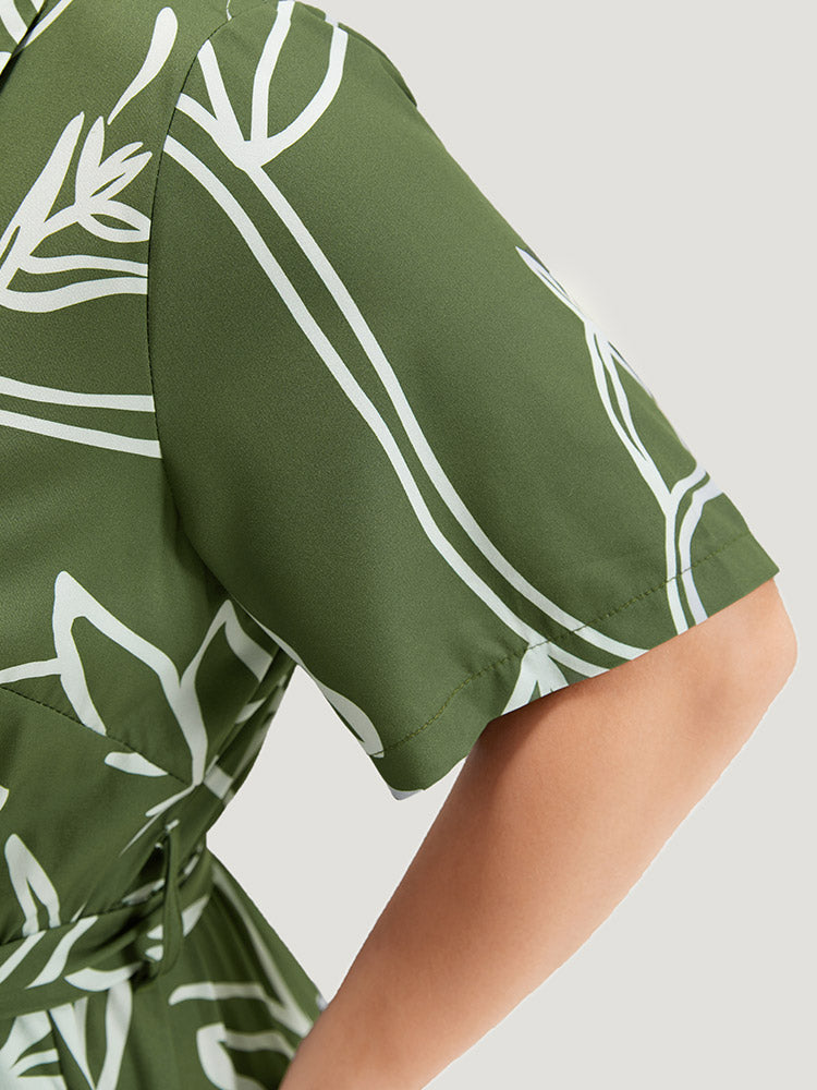 Graphic Print Belted Shirt Collar Button Up Dress-Sweetccc