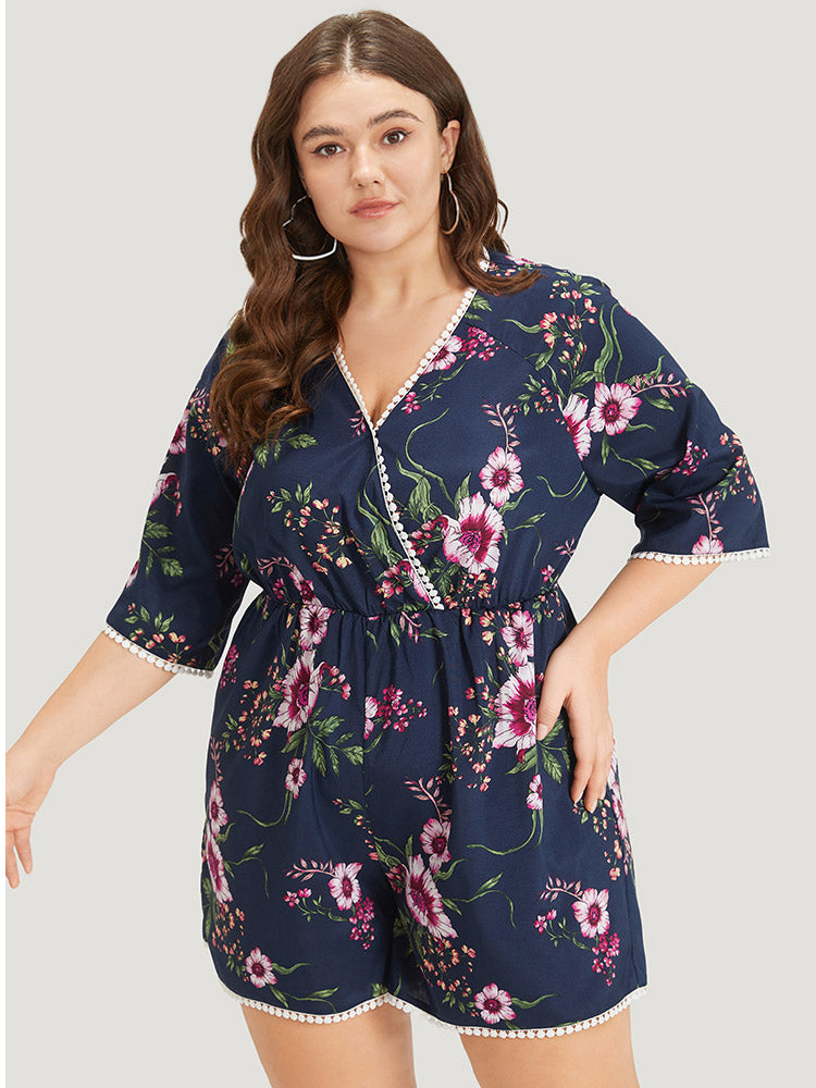 Floral Print Overlap Collar Contrast Trim Pocket Jumpsuit-Sweetccc