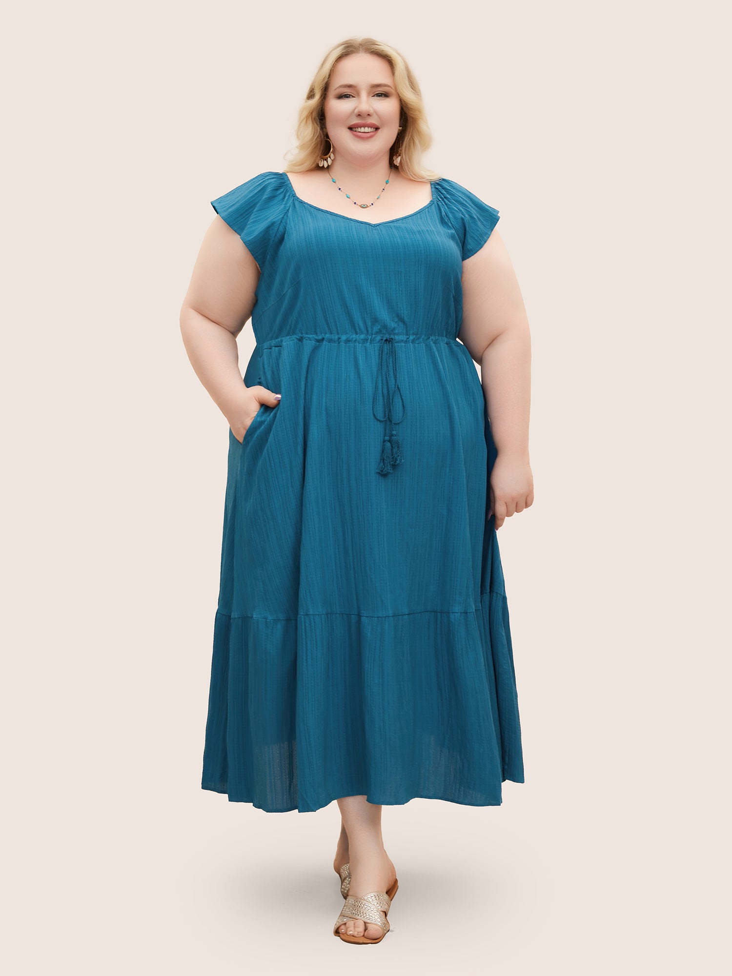 Texture Drawstring Tie Knot Tassels Dress-Sweetccc